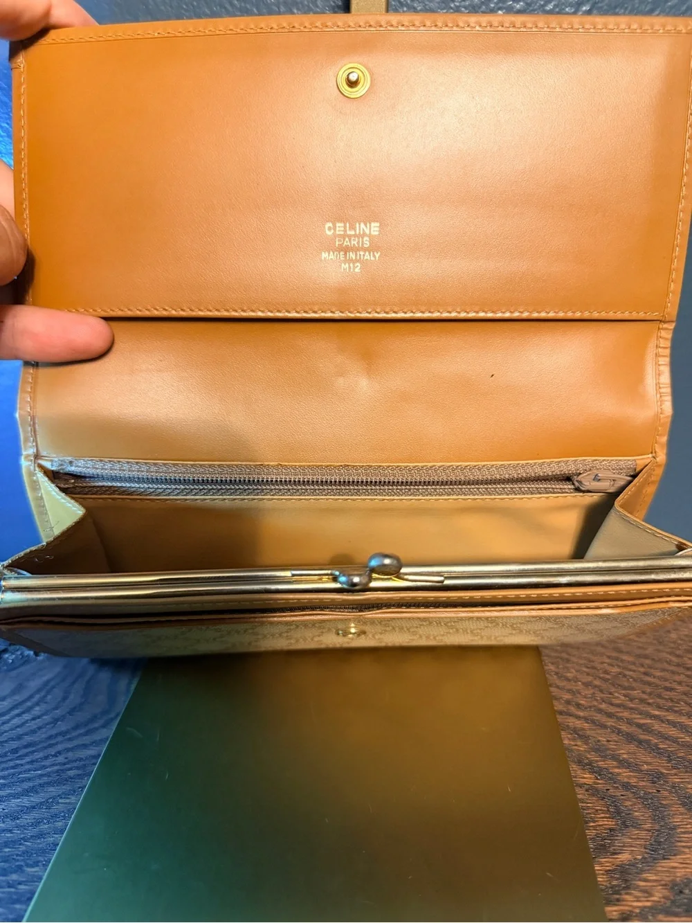 Celine Beige Tan Triomphe Macadam Kiss-lock Wallet with Gold Logo